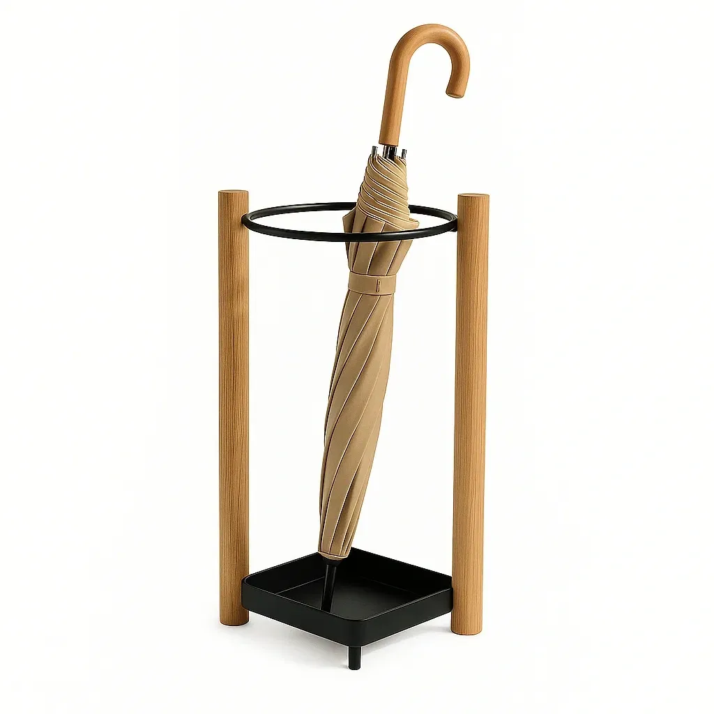 Portaombrelli in metallo e legno con base quadrata