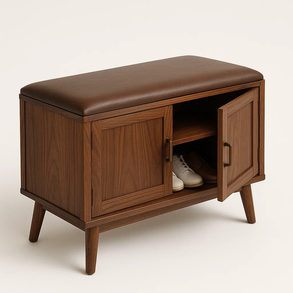 Scarpiera in legno con seduta in similpelle marrone