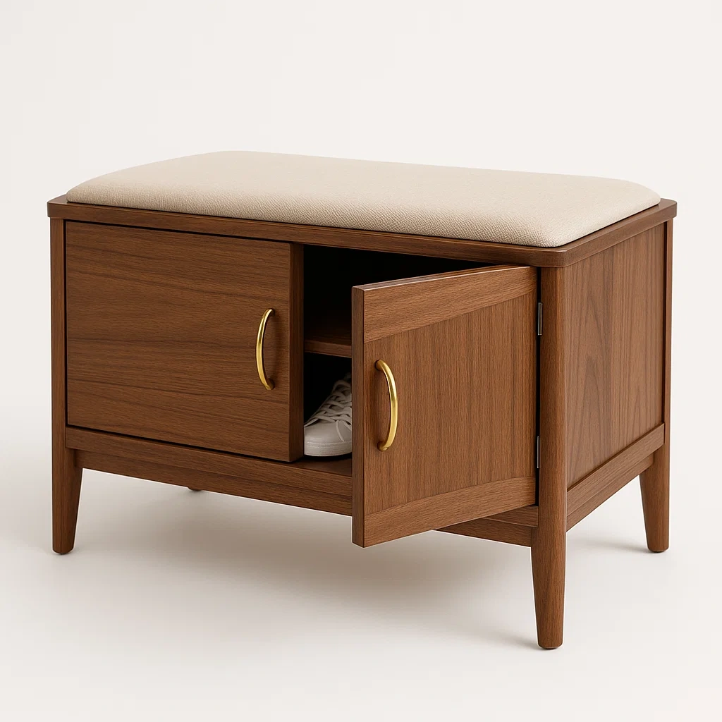 Scarpiera in legno di noce con seduta imbottita in tessuto beige