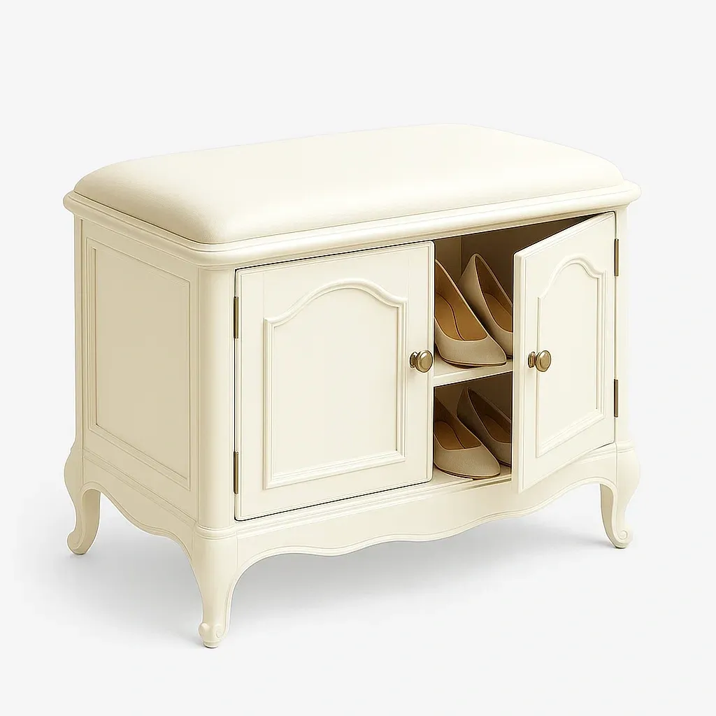 Scarpiera in legno con seduta imbottita beige 80×40×50 cm