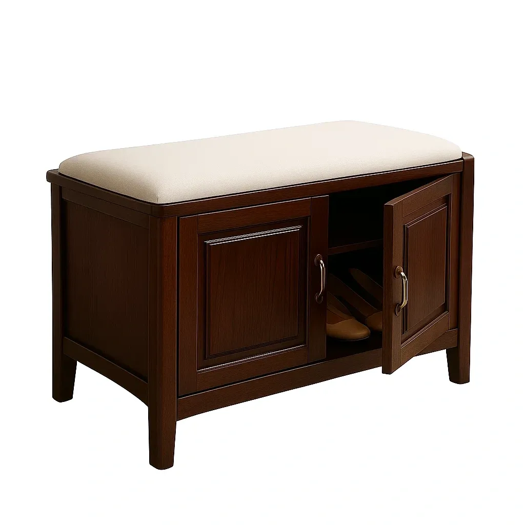 Scarpiera in legno marrone con imbottitura in poliestere beige