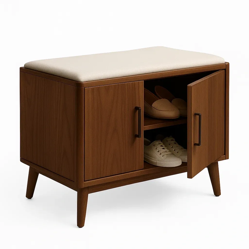 Scarpiera in legno con cuscino in tessuto