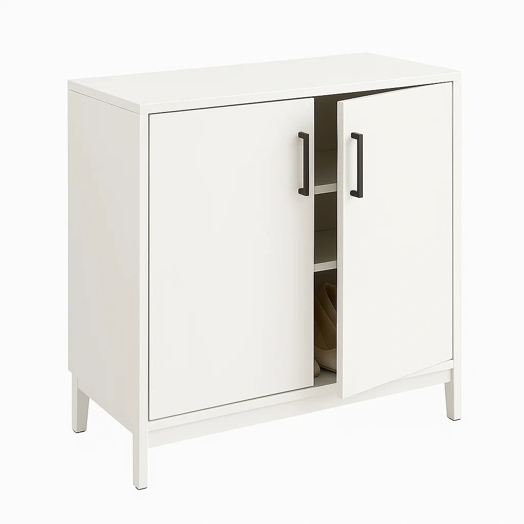 Armadio per scarpe bianco in pannello di fibra a media densità (MDF) con maniglie in metallo 80 × 35 × 90 cm