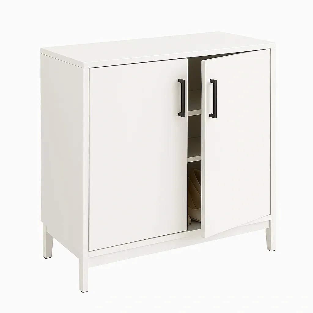 Armadio per scarpe bianco in pannello di fibra a media densità (MDF) con maniglie in metallo 80 × 35 × 90 cm