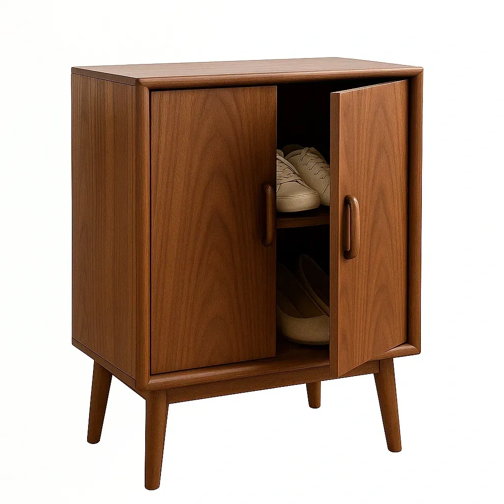 Armadio scarpe in legno marrone con due ante e ripiani
