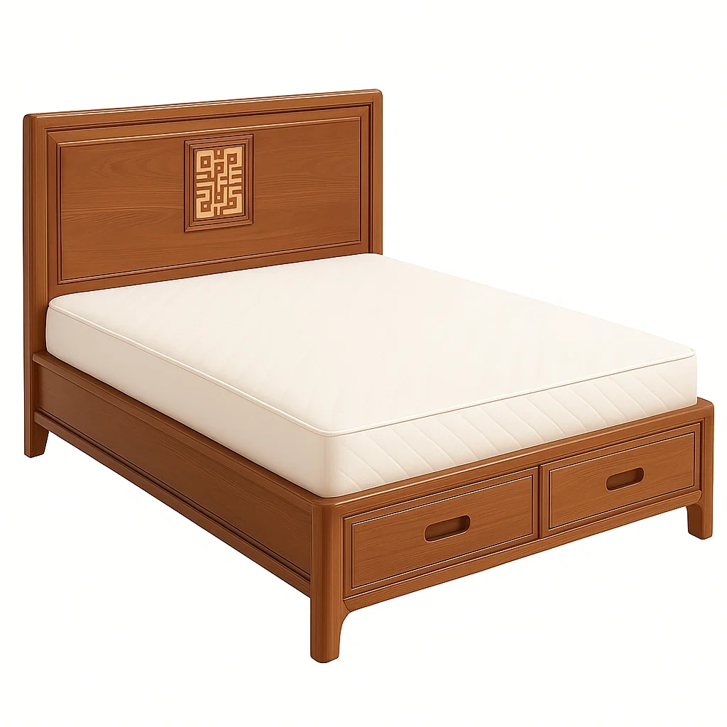 Letto contenitore in legno con testiera intagliata e cassetti