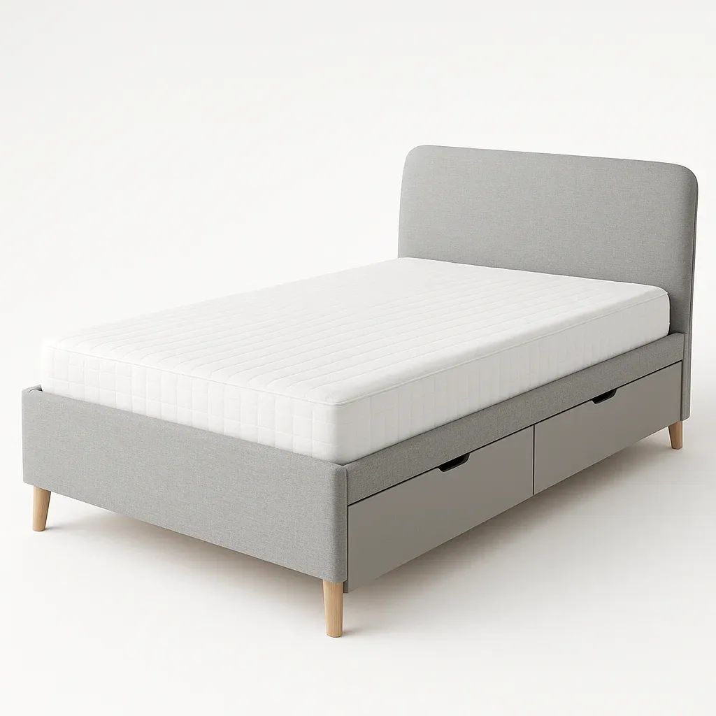 Letto contenitore grigio in legno e poliestere con materasso e cassetti