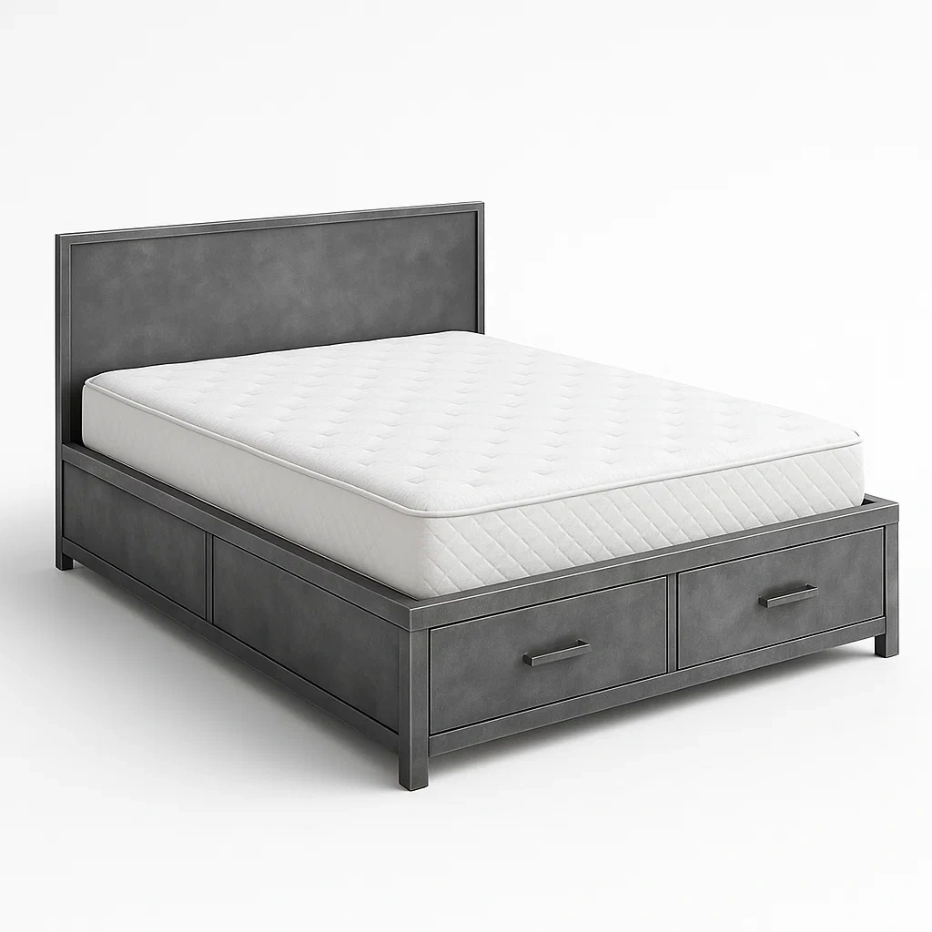 Letto contenitore in metallo con cassetti e materasso