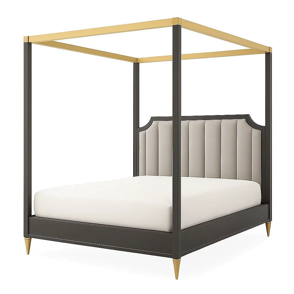 Letto a baldacchino in metallo nero e oro con testiera imbottita in tessuto