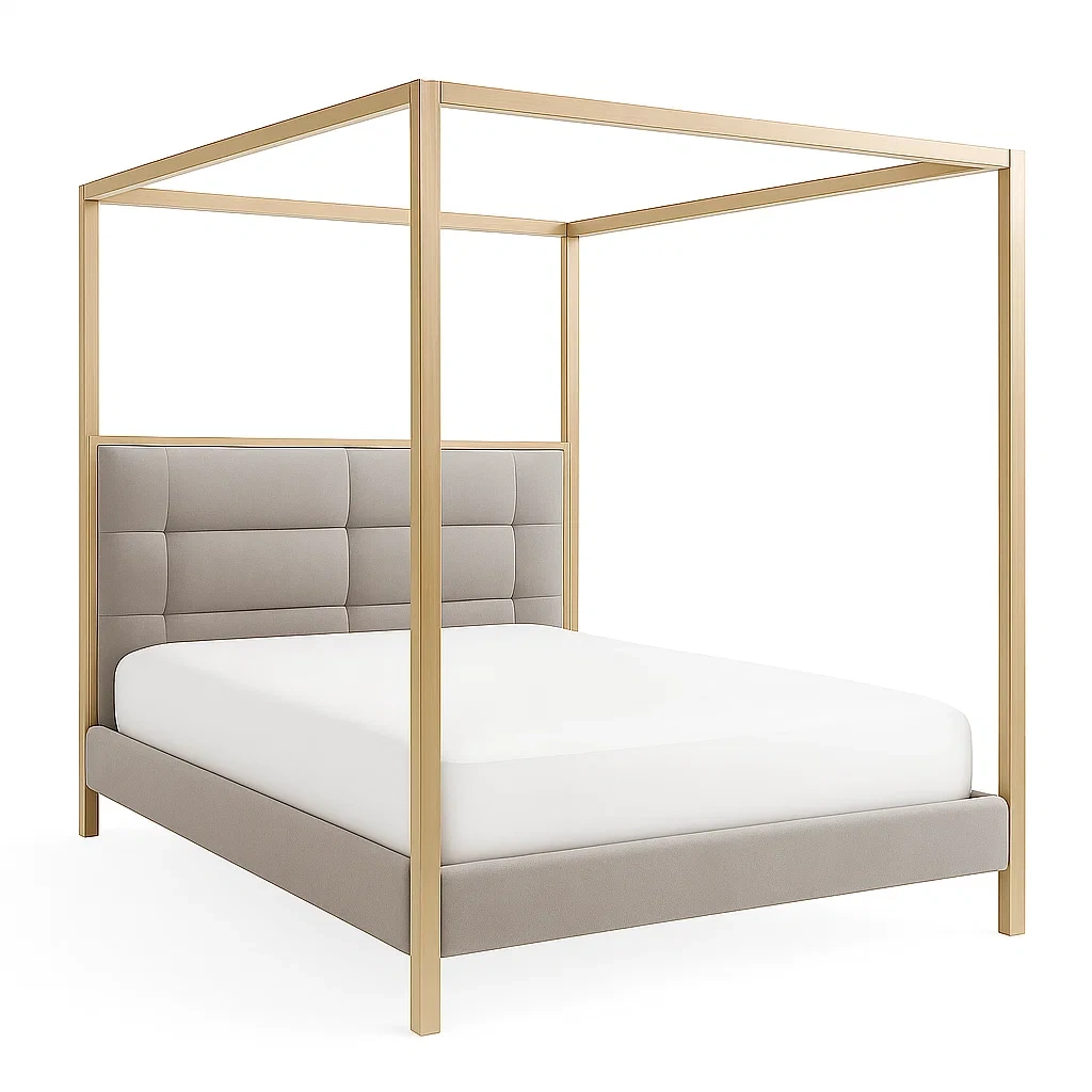 Letto a baldacchino in metallo e tessuto grigio