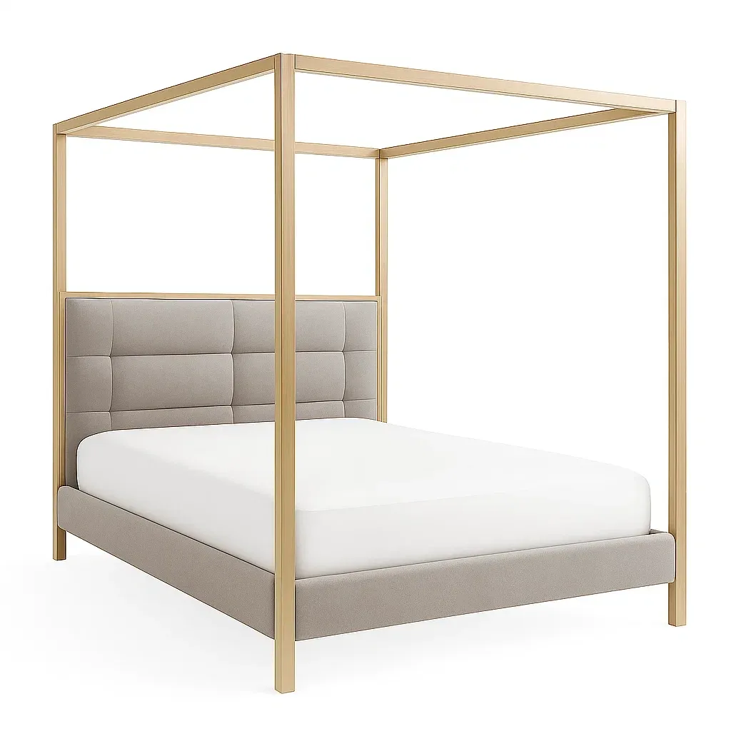 Letto a baldacchino in metallo e tessuto grigio