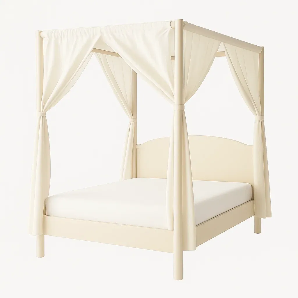 Letto a baldacchino in legno massello crema con tendaggi