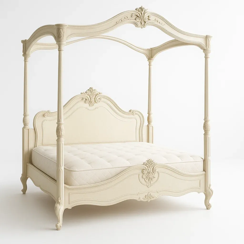 Letto a baldacchino in legno di betulla crema con materasso