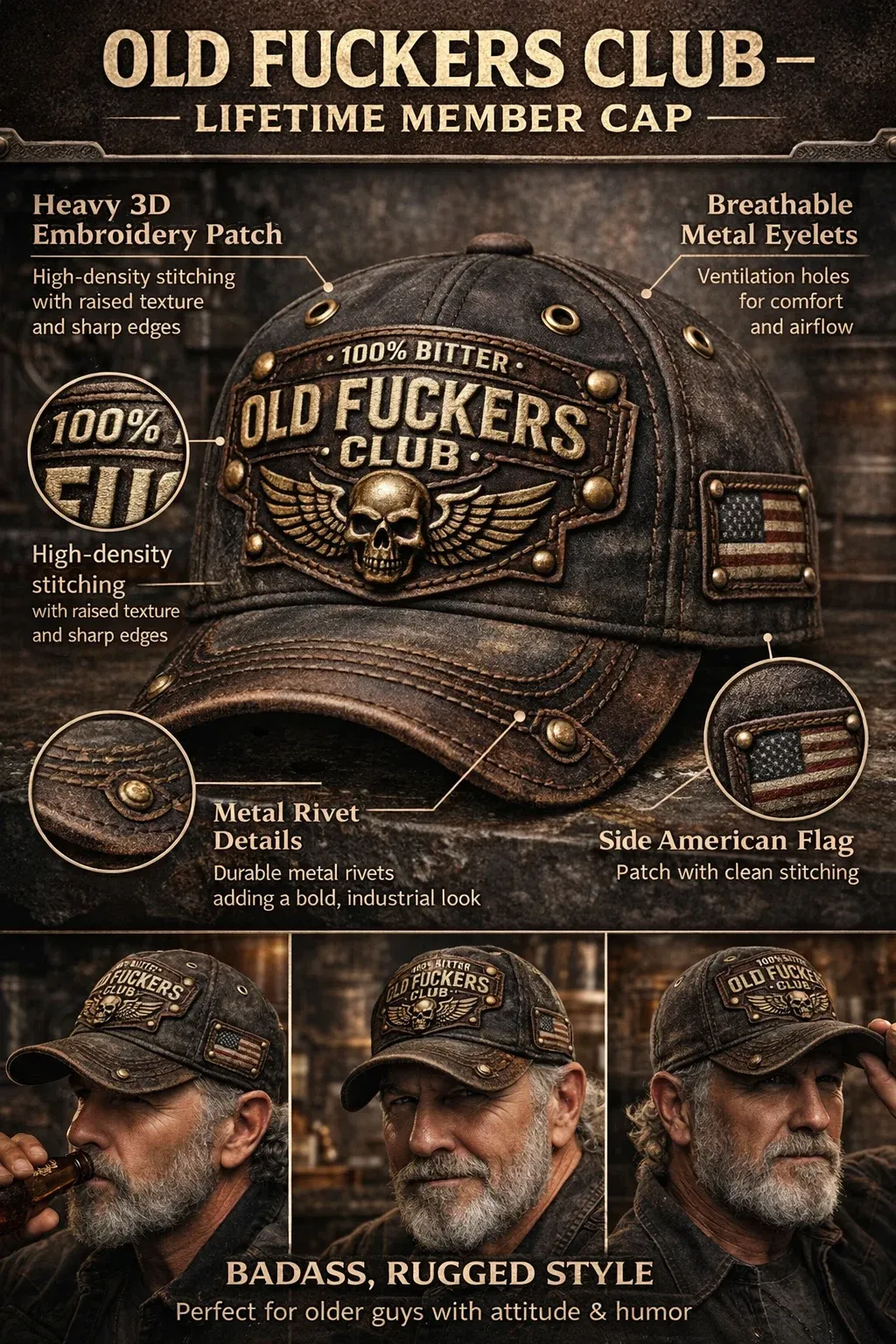 🏆Flash Sale 60% OFF  - ❤️Old Fuckers Club-Handmade Vintage Baseball Cap🎁-BUY 3 FREE SHIPPING