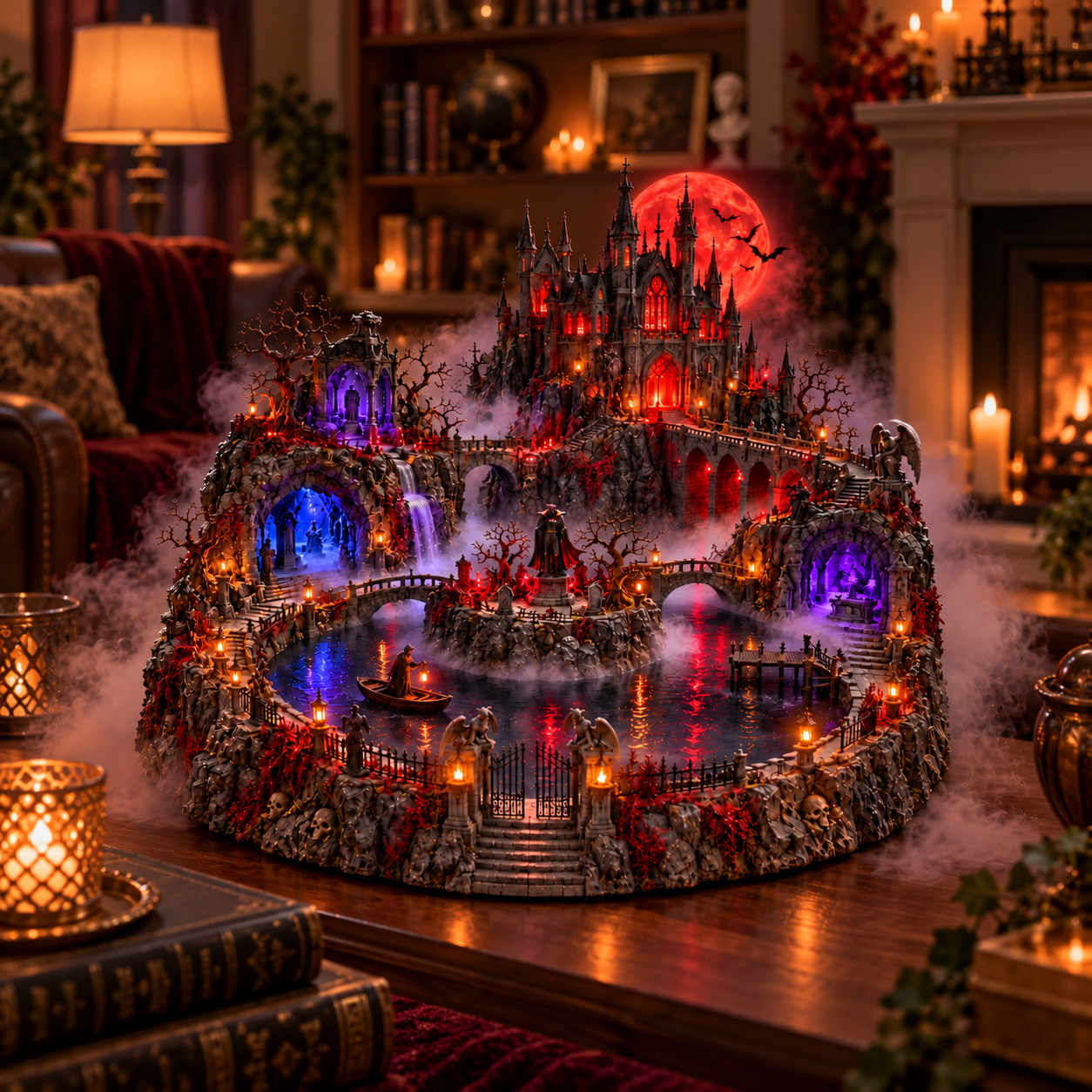 Haunted castle glowing at night