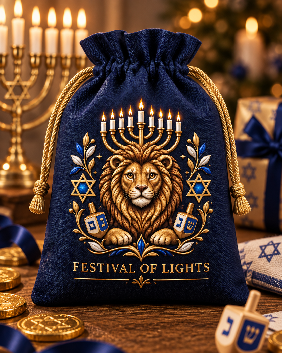 Filled Navy Lion of Judah Hanukkah Gift Bag