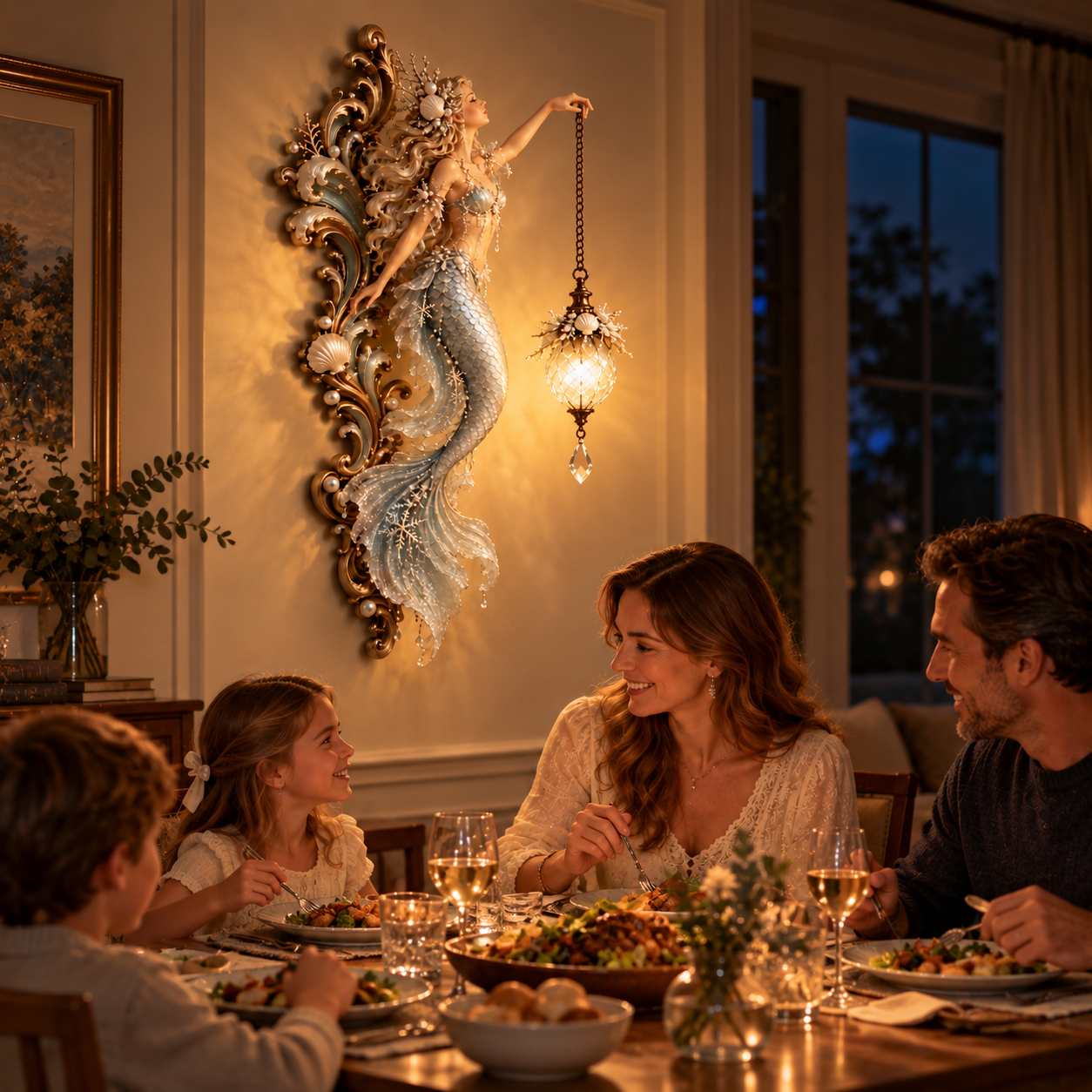 Pearl Ice Mermaid glowing wall light during evening dinner