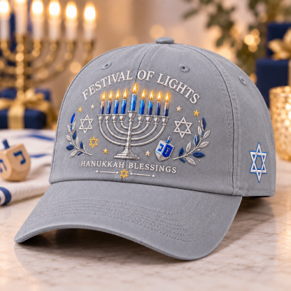 Festival of Lights Hanukkah Embroidered Cap – Menorah & Star of David Holiday Gift Hat "💵$19.98 Today — Save 56%🔥"