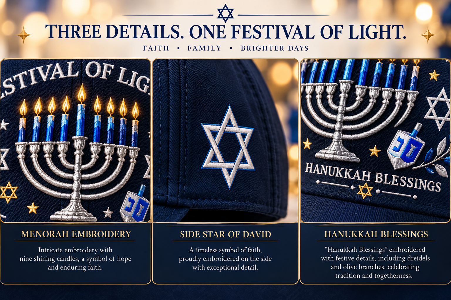 Festival of Lights Hanukkah Embroidered Cap – Menorah & Star of David Holiday Gift Hat "💵$19.98 Today — Save 56%🔥"