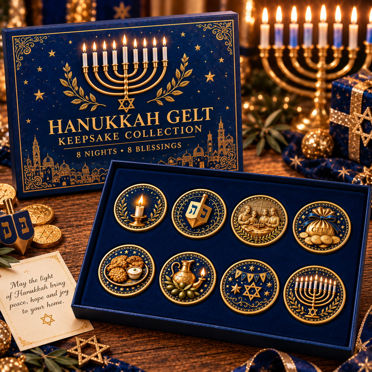 🕎Hanukkah Gelt Keepsake Collection – 8 Nights • 8 Blessings | 8-Piece Commemorative Coin Gift Set
