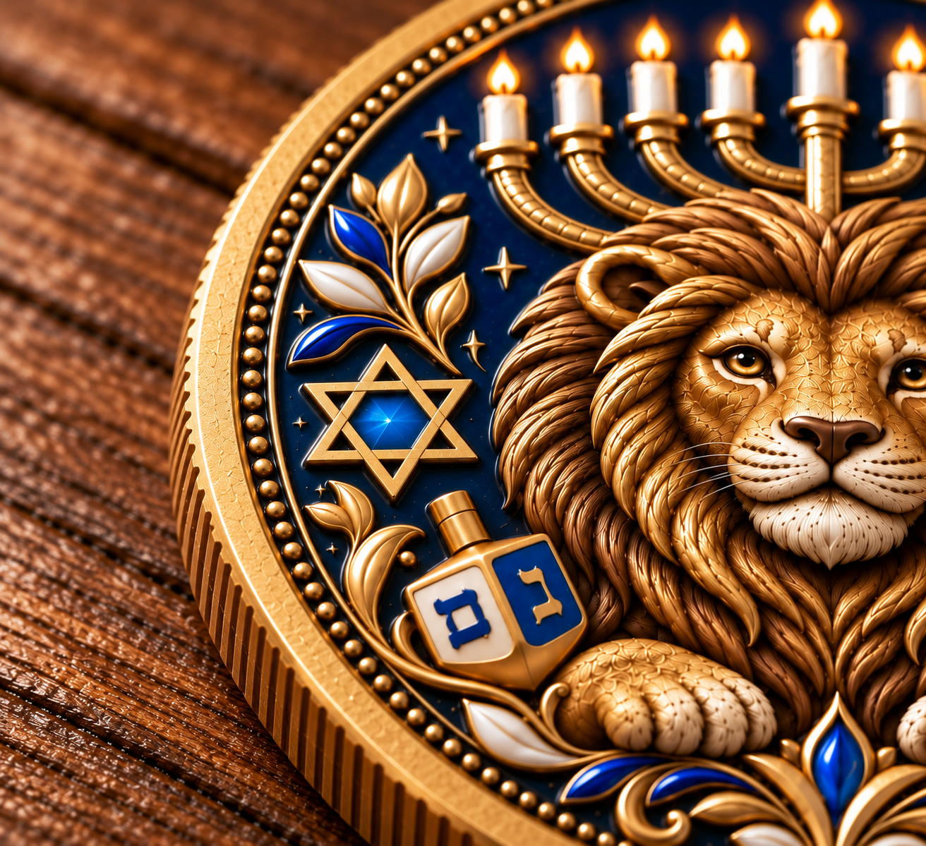 Close up of raised details on Hanukkah coin