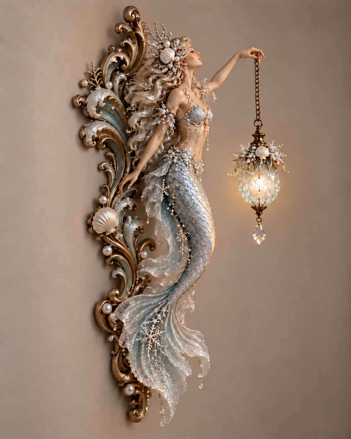 Pearl Ice Mermaid sculptural wall light close view
