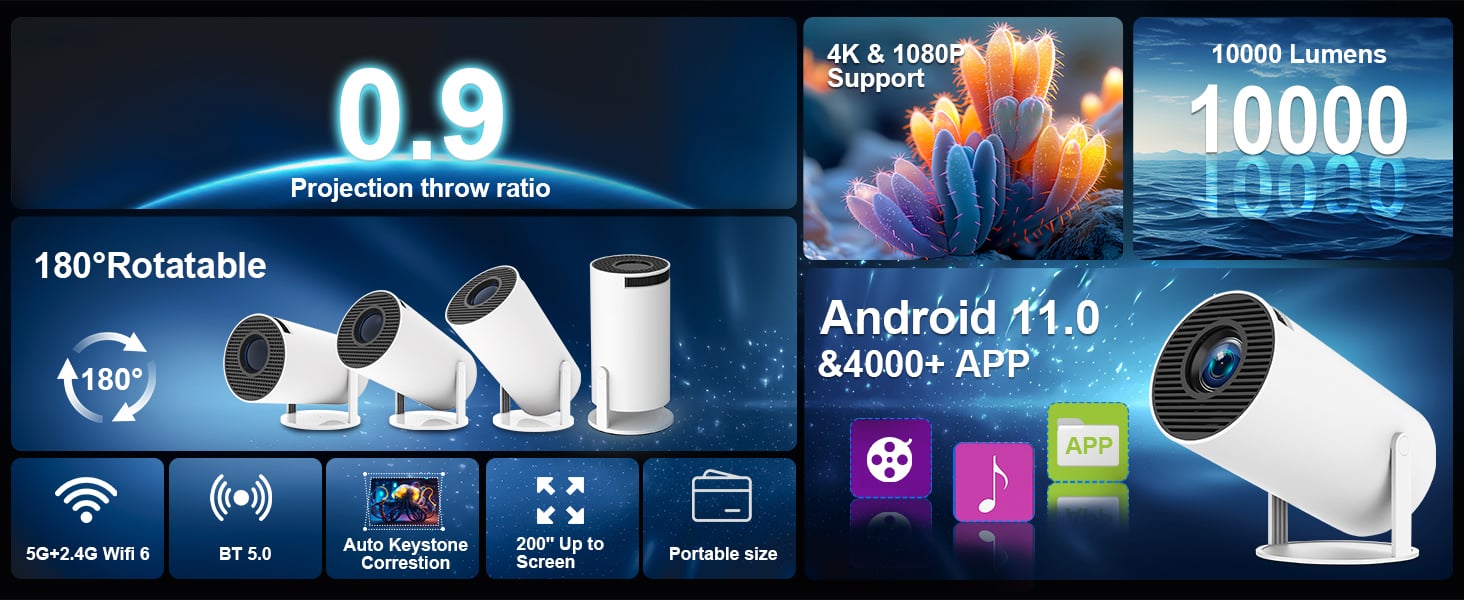 Smart security camera with Android 11.0 support, featuring 0.9 projection throw ratio, 180&deg; rotation capability, and Wi-Fi connectivity.