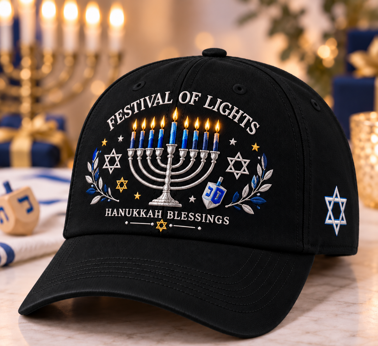 Festival of Lights Hanukkah Embroidered Cap – Menorah & Star of David Holiday Gift Hat "💵$19.98 Today — Save 56%🔥"