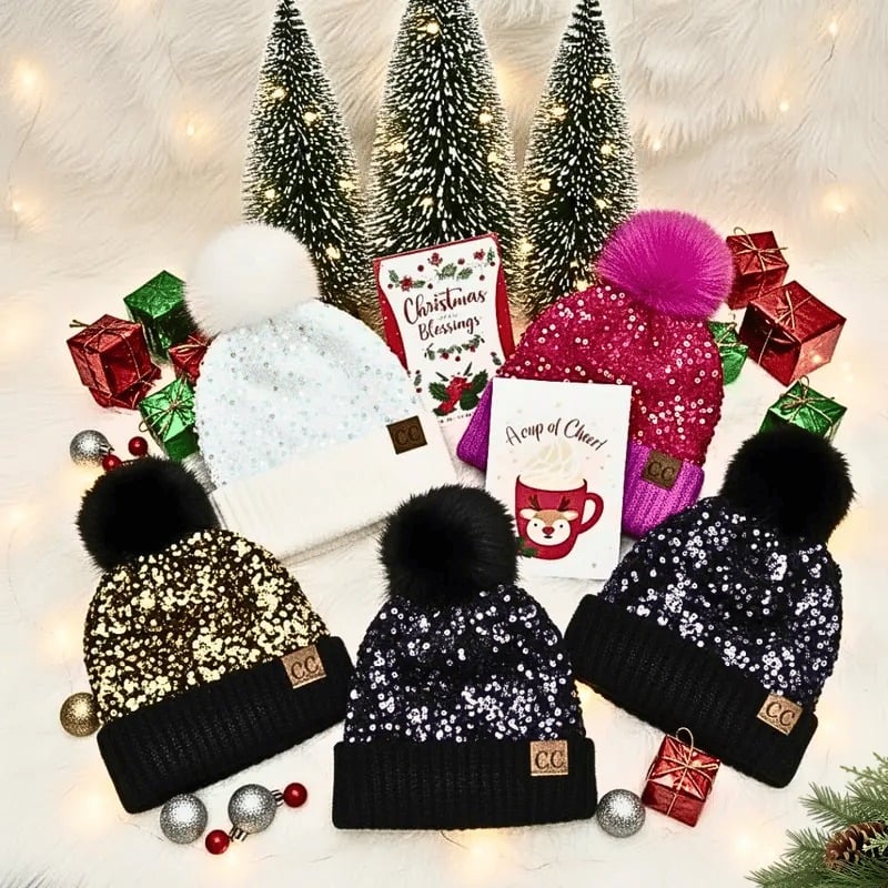🔥Last Day 50% OFF - Sequin Fur Pom Beanie for Women