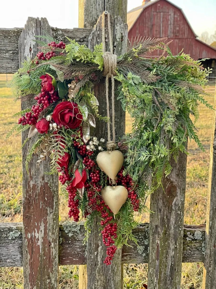❤️ Valentine’s Day Farmhouse Valentine Heart Wreath: Gold Bells, Red Roses & Berries🎉