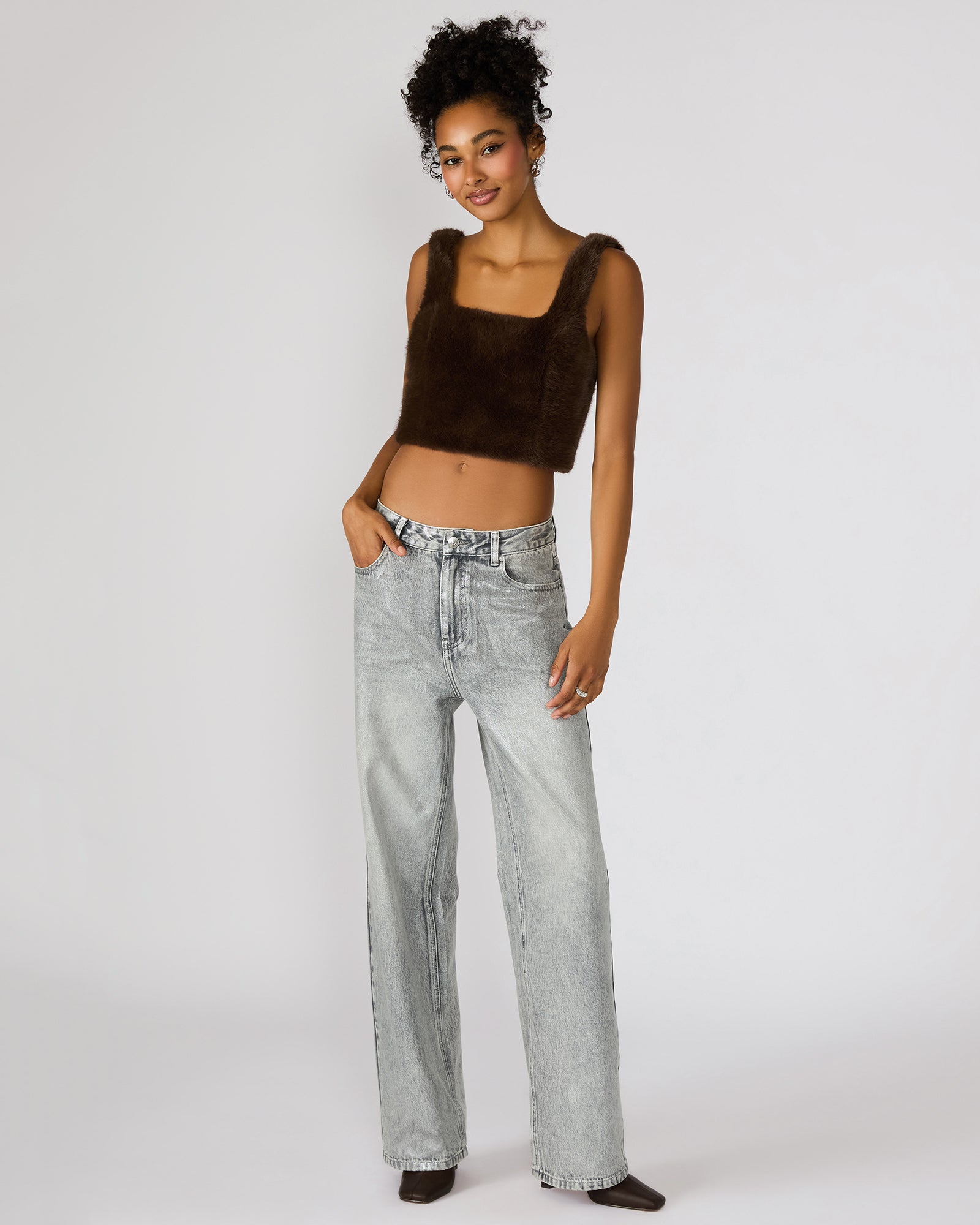 HANNIA FAUX FUR TOP DARK ESPRESSO-Cool A Warm