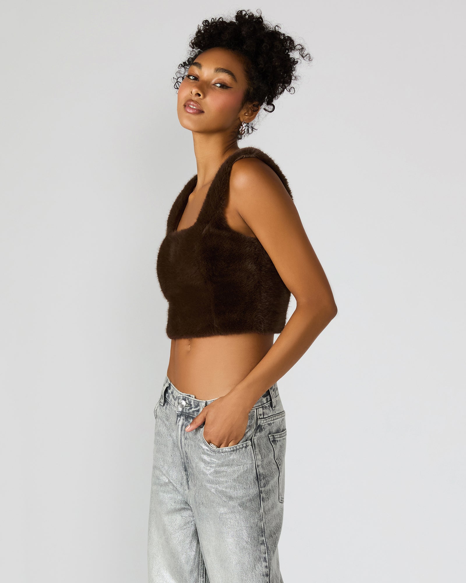 HANNIA FAUX FUR TOP DARK ESPRESSO-Cool A Warm