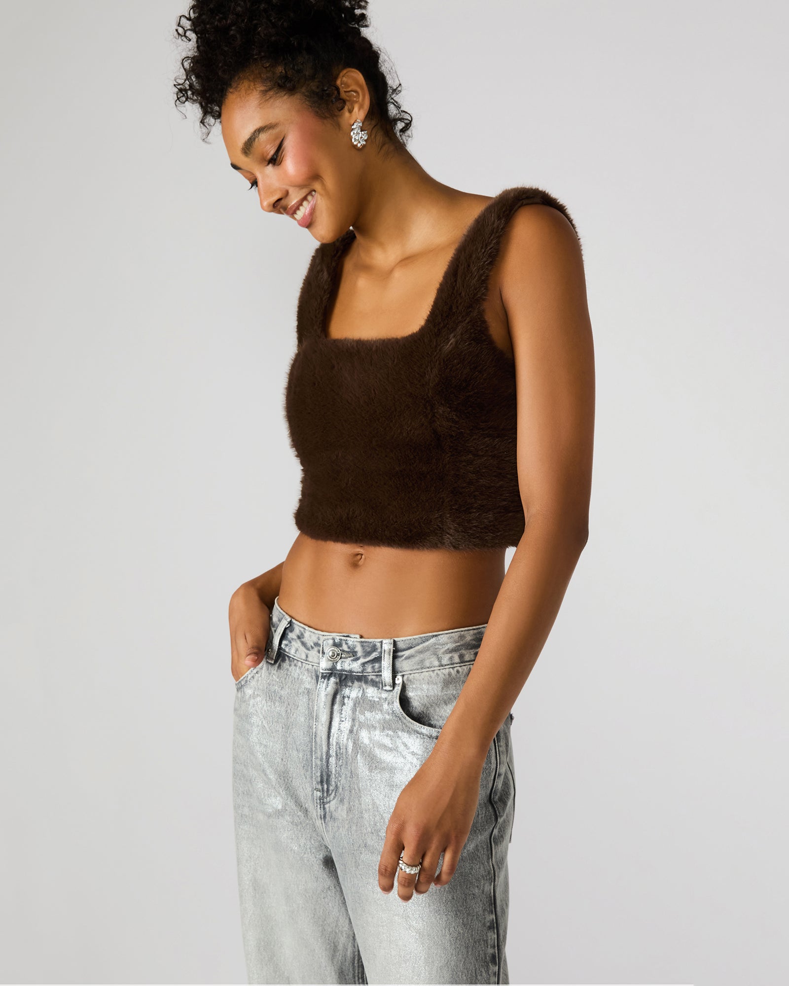 HANNIA FAUX FUR TOP DARK ESPRESSO-Cool A Warm