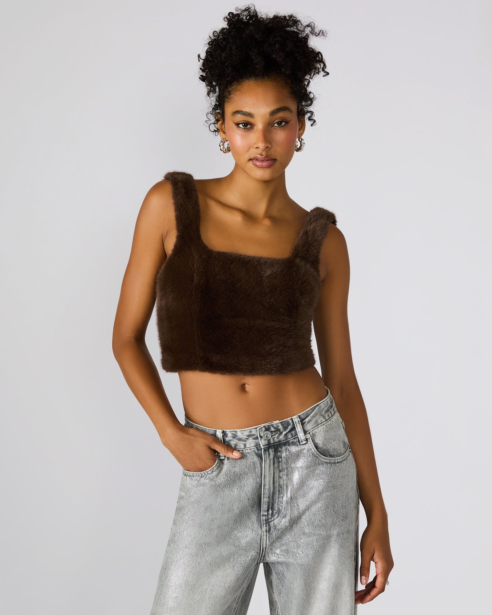 HANNIA FAUX FUR TOP DARK ESPRESSO-Cool A Warm
