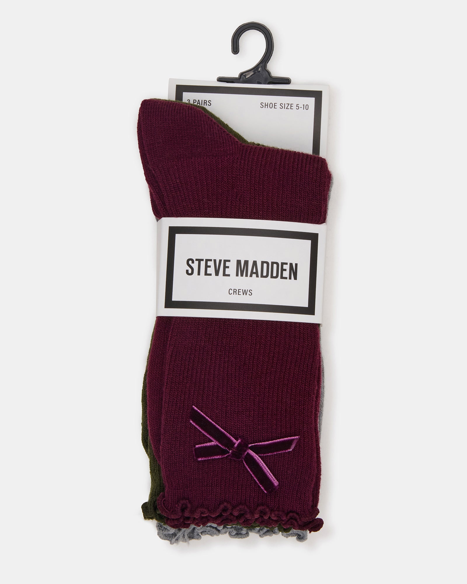 3 PACK FOLLY VELVET BOW RIB CREW SOCKS CHERRY-Cool A Warm