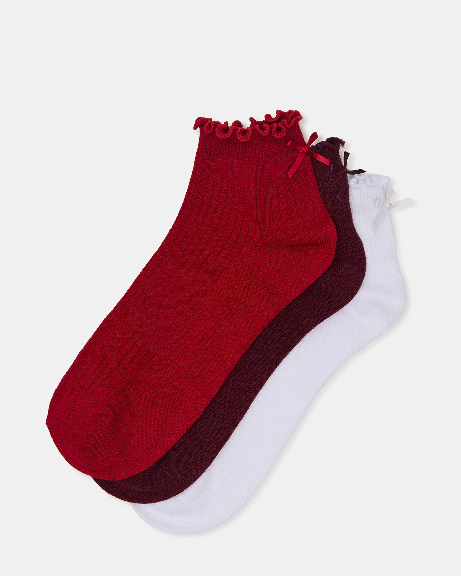 3 PACK MELODY LETTUCE EDGE BOW SOCKS RED MULTI-Cool A Warm