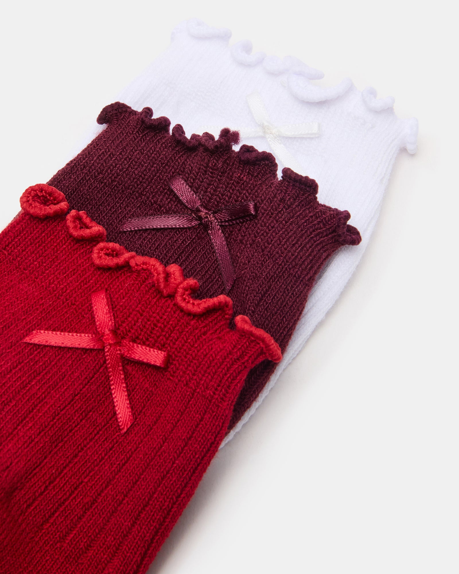 3 PACK MELODY LETTUCE EDGE BOW SOCKS RED MULTI-Cool A Warm