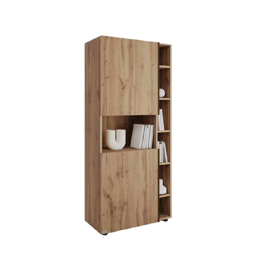 Armoire de rangement haute en bois effet chêne avec étagères latérales ouvertes-ecostyLe.store