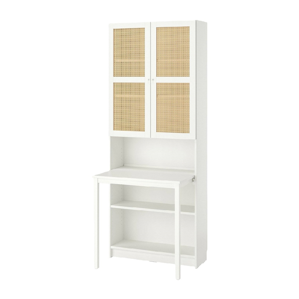 Bibliothèque haute avec portes en cannage et table rabattable intégrée-ecostyLe.store