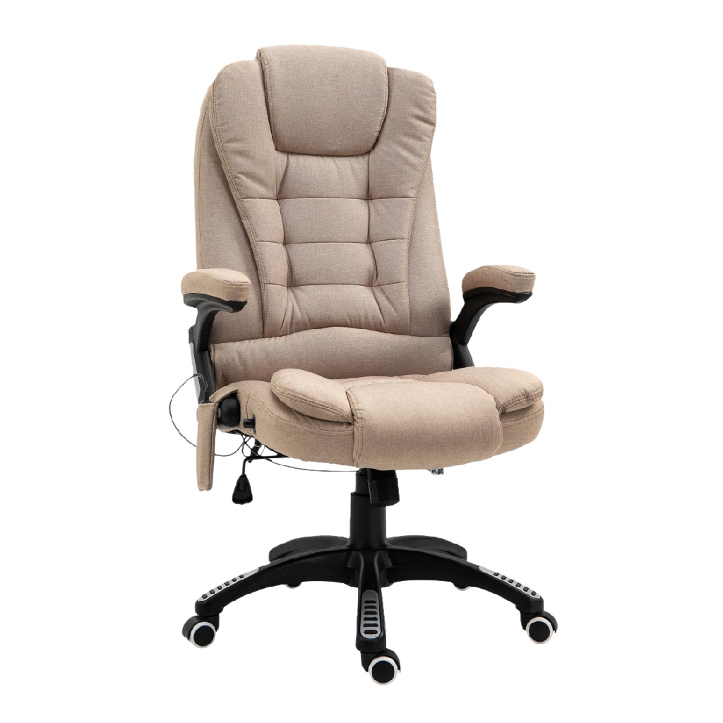 Chaise de bureau rembourrée en tissu beige avec dossier haut et base à roulettes-ecostyLe.store