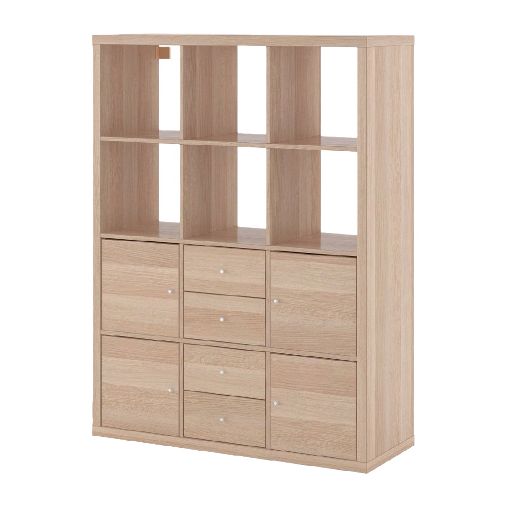 Bibliothèque en bois avec rangements fermés, 8 compartiments ouverts et 6 tiroirs, finition chêne clair-ecostyLe.store