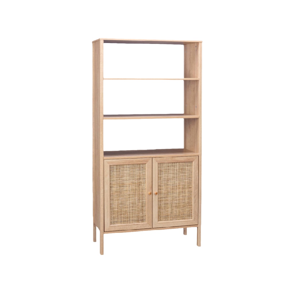 Bibliothèque en bois avec 4 étagères et portes en rotin, finition chêne clair-ecostyLe.store