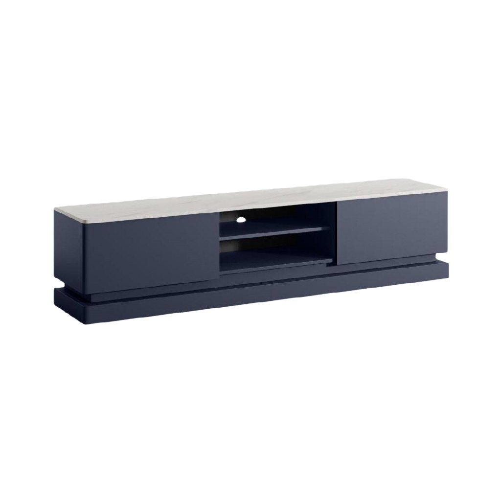 Meuble TV avec 2 portes et compartiment ouvert, finition bleu et plateau effet marbre-ecostyLe.store