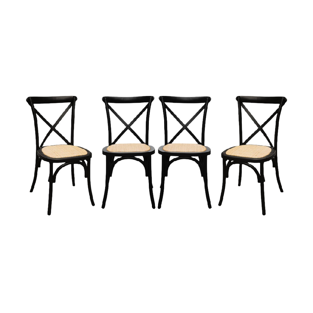 Ensemble de 4 chaises de salle à manger, dossier croisé, cadre en bois noir, siège en rotin-ecostyLe.store