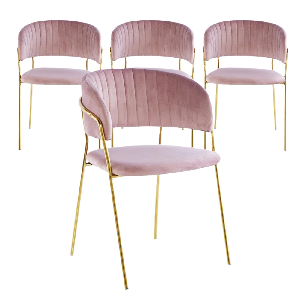Ensemble de 4 chaises rembourrées, tissu en velours rose, cadre en métal doré-ecostyLe.store