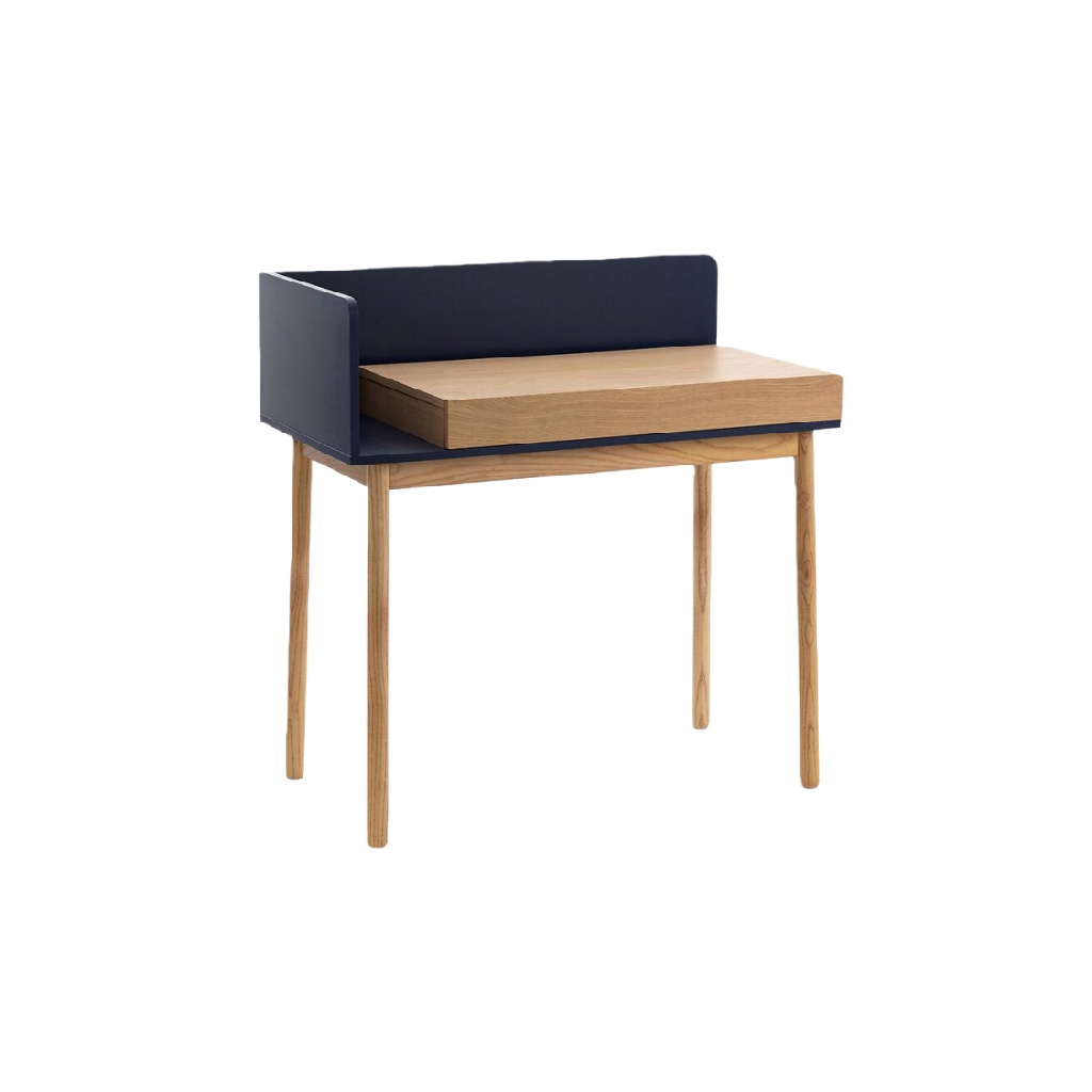 Bureau compact en bois avec panneau latéral bleu et pieds en bois massif-ecostyLe.store