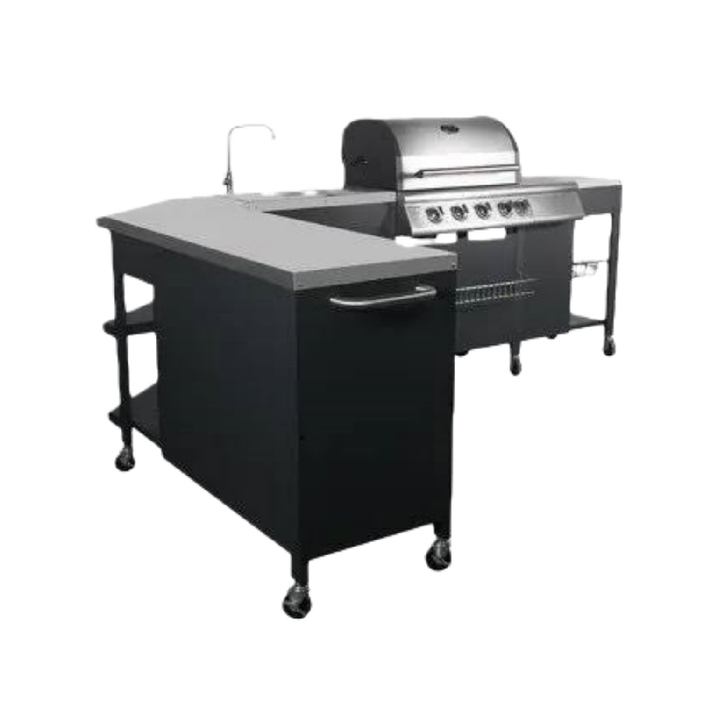 Cuisine extérieure avec barbecue à gaz en acier inoxydable, module avec évier, meubles sur roulettes-ecostyLe.store