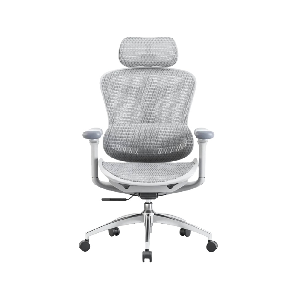 Chaise de bureau ergonomique en maille gris clair avec appui-tête et base métallique-ecostyLe.store