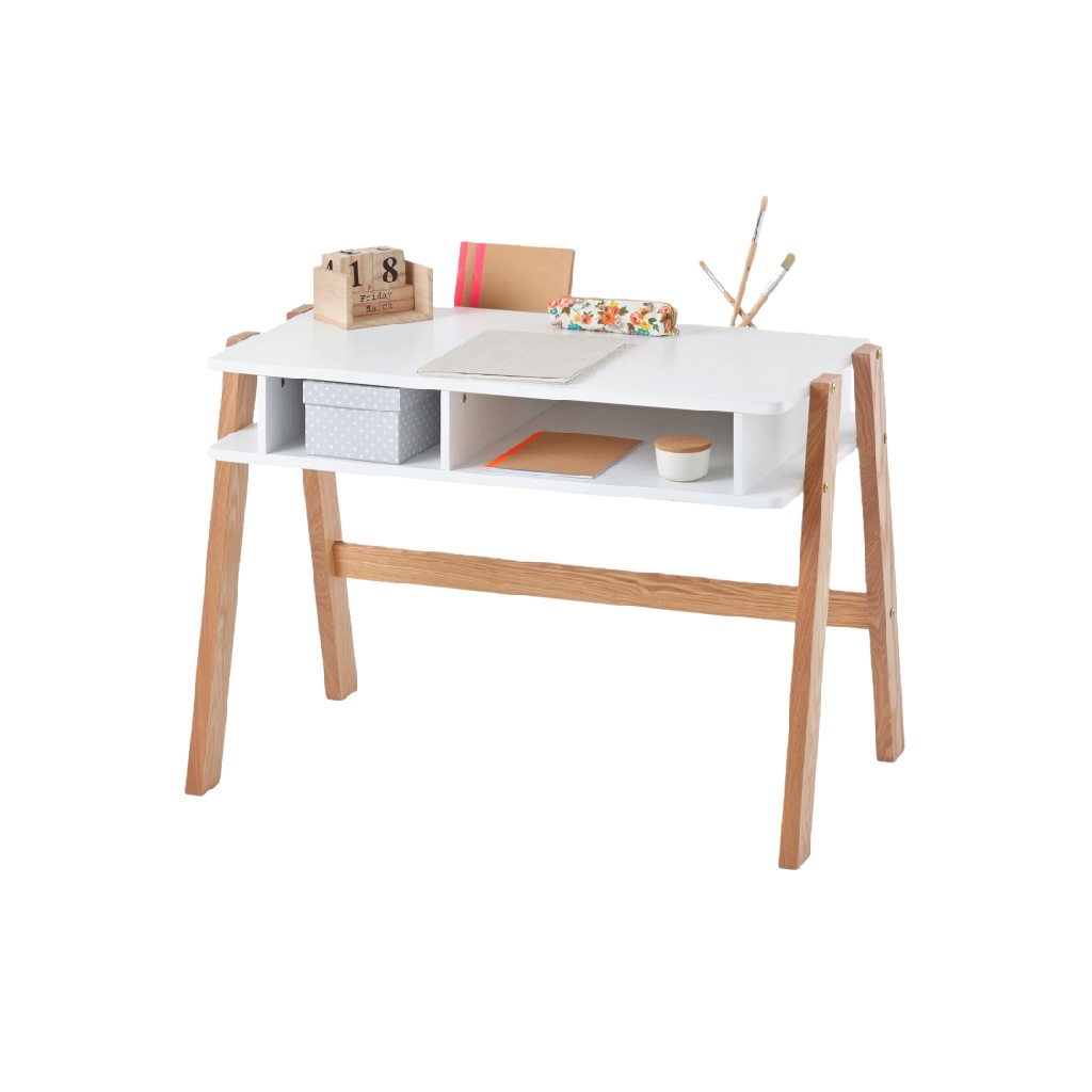 Bureau compact blanc avec rangements ouverts – pieds en bois naturel-ecostyLe.store
