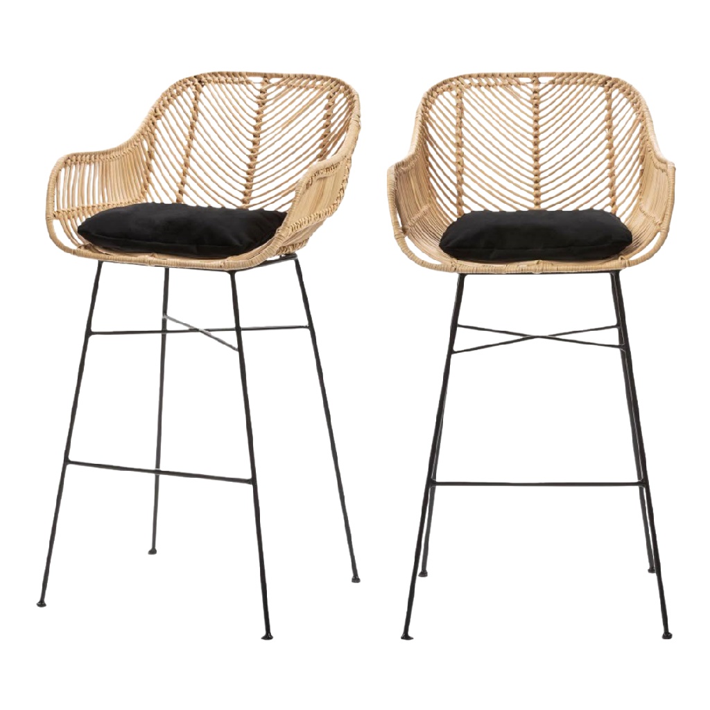 Tabouret de bar moderne avec coussin noir et dossier en rotin-ecostyLe.store